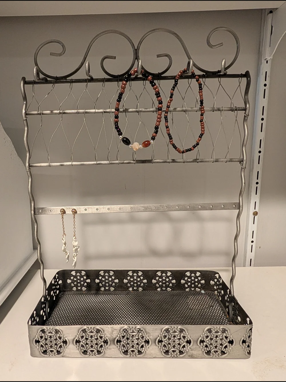 Silver Metal Jewelry Stand with Ornate Tray